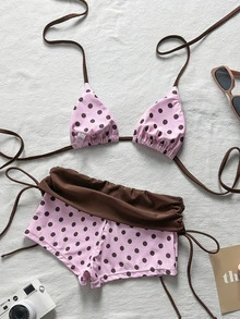 SHEIN Swim 粉色與棕色波點兩件式比基尼，掛脖式，保守設計，平底短褲，溫泉度假泳衣，海灘度假 - 粉色 - 查看 3