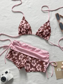 Elavelle Women's Soft Pink & Brown Colorblock Floral Two Pieces Swimwear, Halter Strap Bikini, Flattering Coverage, Fl - Multicolor - View 5