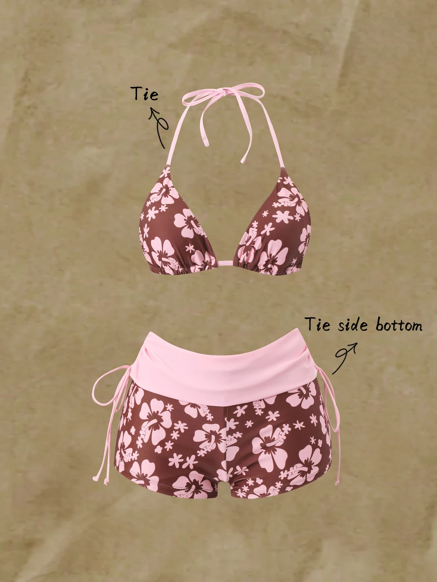 Elavelle Women's Soft Pink & Brown Colorblock Floral Two Pieces Swimwear, Halter Strap Bikini, Flattering Coverage, Fl