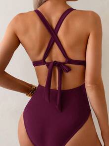 SHEIN Swim 女士性感连体泳衣，深V领镂空设计，交叉露背，舒适透气，适合度假游泳。 - 酒紅色 - 查看 2