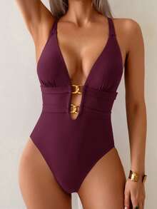 SHEIN Swim 女士性感连体泳衣，深V领镂空设计，交叉露背，舒适透气，适合度假游泳。 - 酒紅色 - 查看 3
