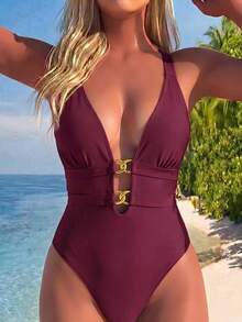 SHEIN Swim 女士性感连体泳衣，深V领镂空设计，交叉露背，舒适透气，适合度假游泳。 - 酒紅色 - 查看 1