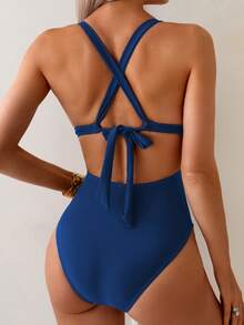 SHEIN Swim 1 件女士性感泳衣，深 V 领镂空前部设计露背吊带，舒适海滩度假泳装 - 藏蓝色 - 查看 2