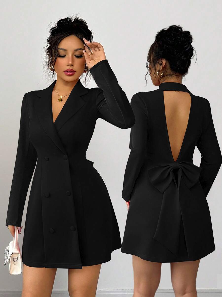 Elenzga New Women's Blazer Collar Double-Breasted Deep V-Neck Big Bow Design Long Sleeve Fitted Cocktail Mini Dress,Black,Autumn,Elegant,Bar Party,Winter - Black - View 1