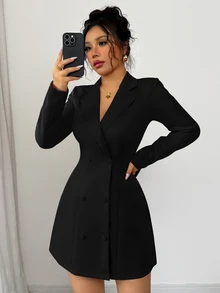 Elenzga New Women's Blazer Collar Double-Breasted Deep V-Neck Big Bow Design Long Sleeve Fitted Cocktail Mini Dress,Black,Autumn,Elegant,Bar Party,Winter - Black - View 5