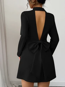 Elenzga New Women's Blazer Collar Double-Breasted Deep V-Neck Big Bow Design Long Sleeve Fitted Cocktail Mini Dress,Black,Autumn,Elegant,Bar Party,Winter - Black - View 2