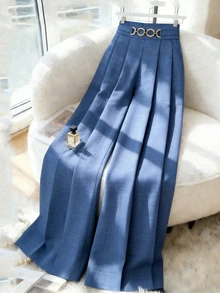 Elenzga New Women High Waist Side Zipper Decor Button Design Flared Leg Casual Elegant Trousers, Suitable For Spring And Autumn - Blue - View 4