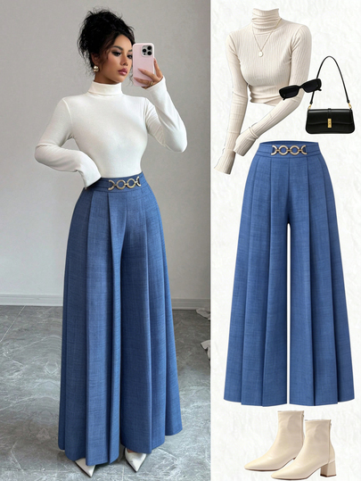 Elenzga New Women High Waist Side Zipper Decor Button Design Flared Leg Casual Elegant Trousers, Suitable For Spring And Autumn