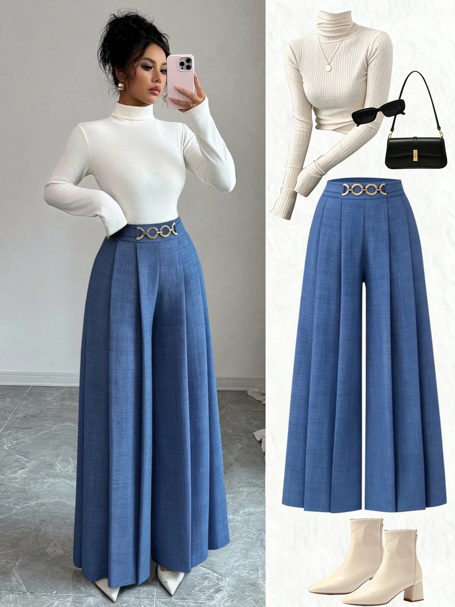 Elenzga New Women High Waist Side Zipper Decor Button Design Flared Leg Casual Elegant Trousers, Suitable For Spring And Autumn - Blue - View 1