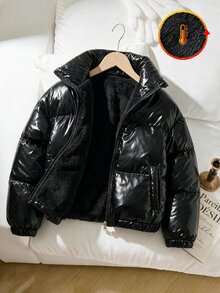 SHEIN 女童黑色亮面短款立領加厚內層棉襖外套，冬季保暖加厚棉襖 - 黑色 - 查看 4