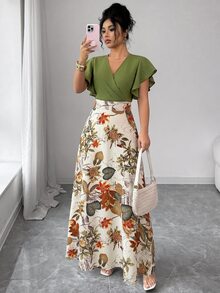 Elenzga Women's Elegant Romantic Ruffle Cap Sleeve Fitted Flared Dress, Green Floral, Suitable For Commuting Inspring And Autumn Garden Party Brunch Vacation - Multicolor - View 4