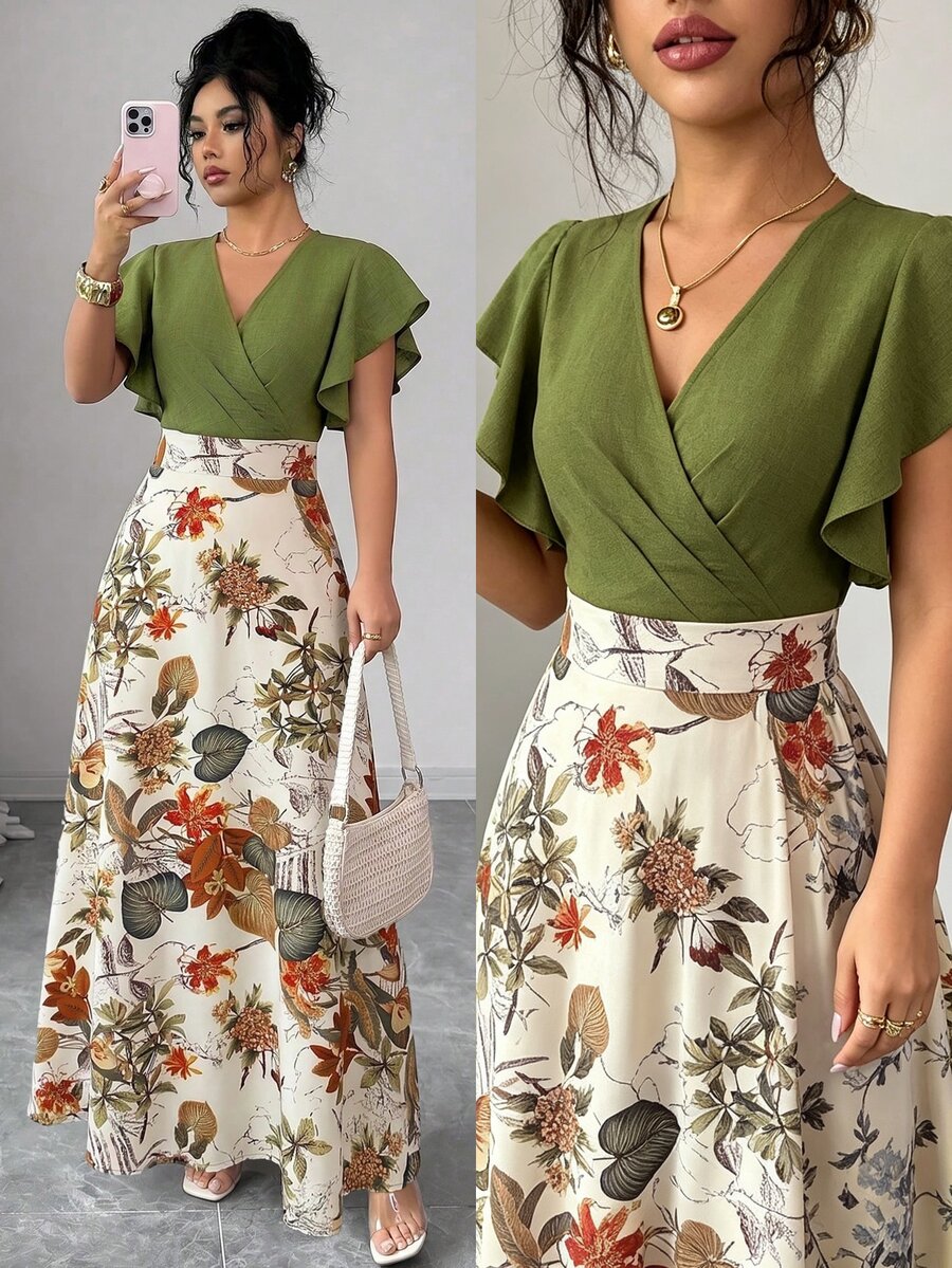 Elenzga Women's Elegant Romantic Ruffle Cap Sleeve Fitted Flared Dress, Green Floral, Suitable For Commuting Inspring And Autumn Garden Party Brunch Vacation - Multicolor - View 1