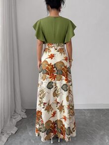 Elenzga Women's Elegant Romantic Ruffle Cap Sleeve Fitted Flared Dress, Green Floral, Suitable For Commuting Inspring And Autumn Garden Party Brunch Vacation - Multicolor - View 2
