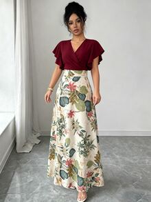 Elenzga 女款春夏精緻優雅通勤綠色百褶荷葉袖修身貼身喇叭長洋裝 - 酒紅色 - 查看 5