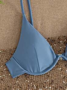 SHEIN Swim 夏季海灘純色鋼托高剪比基尼 - 霧霾藍 - 查看 5
