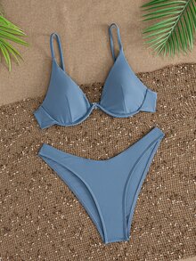 SHEIN Swim 夏季海灘純色鋼托高剪比基尼 - 霧霾藍 - 查看 6