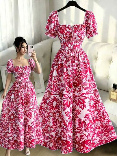 Elenzga New Women's Digital Print Puff Sleeve Lace Up Front, Gathered Waist Elegant Dress, Suitable For Dates, Holidays, Graceful
