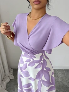 Elenzga 女款春夏優雅酒紅葉片圖案設計百褶飄逸袖修身顯瘦大裙擺洋裝 - 淡紫色 - 查看 5
