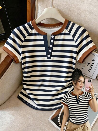 Selamara Camiseta casual de verano para mujer, camiseta de manga raglán con cuello semiabierto, estampado de rayas clásicas en color marrón café, cuello y mangas en color contrastante, diseño gráfico, ajuste ceñido a la cintura, estilo versátil para ir al trabajo