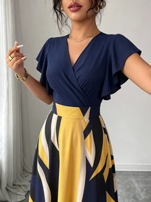 Elenzga 女款春夏精緻優雅酒紅色葉子圖案設計 壓褶設計 飄逸袖設計 修身顯瘦 喇叭長洋裝 - 彩色 - 查看 6