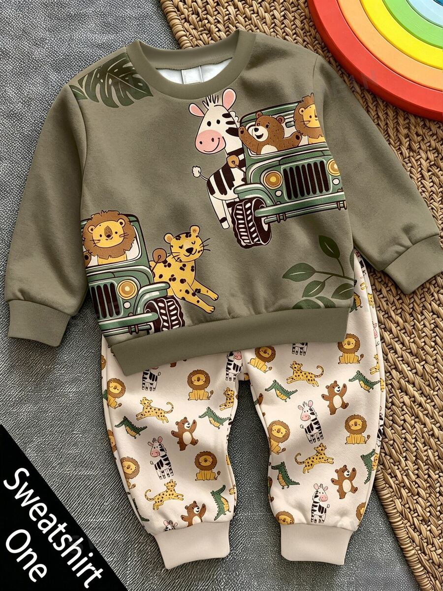 Sweatshirt Pullover Kasual Leher Bulat untuk Bayi dan Balita, Motif Klasik Lucu Dunia Hewan Dongeng yang Digambar Tangan, Patroli Perlindungan Hewan, Motif Macan Tutul, Harimau, Singa, Zebra, Buaya, Cocok untuk Musim Gugur/Dingin, Berlapis Termal dan Tebal - MultiWarna - View 1