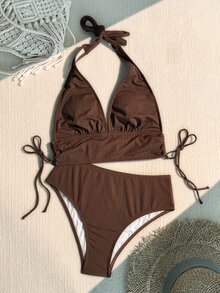 SHEIN Swim 女式泳衣 女式纯色纹理抽绳吊带上衣和泳裤比基尼套装泳衣，适合夏季、海滩、蜜月、旅行、度假、游泳池夏季海滩 - 咖啡棕 - 查看 6