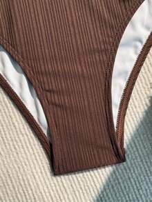 SHEIN Swim 女式泳衣 女式纯色纹理抽绳吊带上衣和泳裤比基尼套装泳衣，适合夏季、海滩、蜜月、旅行、度假、游泳池夏季海滩 - 咖啡棕 - 查看 7