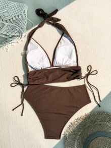 SHEIN Swim 女式泳衣 女式纯色纹理抽绳吊带上衣和泳裤比基尼套装泳衣，适合夏季、海滩、蜜月、旅行、度假、游泳池夏季海滩 - 咖啡棕 - 查看 4