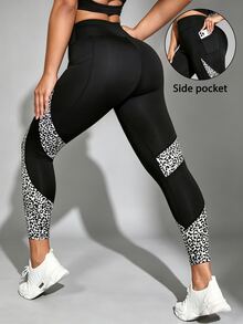 SHEIN Unity Women's Plus Size Leopard Print Colorblock Casual Daily Sports Tight Leggings - Multicolor - View 3