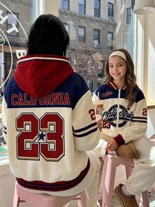 SHEIN Elladie kids Tween Girls Jacket Fall Outfits, Collegiate Style Digital Lettering, Pull Print, American Campus Vibe, Citywalk, Streetwear Atmosphere - Multicolor - View 2