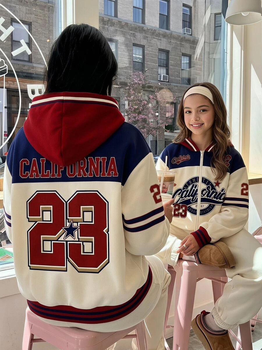SHEIN Elladie kids Tween Girls Jacket Fall Outfits, Collegiate Style Digital Lettering, Pull Print, American Campus Vibe, Citywalk, Streetwear Atmosphere