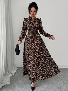 Elenzga 1pc Women Leopard Print Ruffle Tie Neck Long Sleeve Dress, Elegant For Autumn Maxi Women Outfit Fall Cloth For Women - Multicolor - View 3
