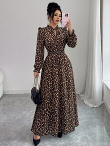 Elenzga 1pc Women Leopard Print Ruffle Tie Neck Long Sleeve Dress, Elegant For Autumn Maxi Women Outfit Fall Cloth For Women - Multicolor - View 5