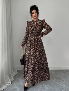 Elenzga 1pc Women Leopard Print Ruffle Tie Neck Long Sleeve Dress, Elegant For Autumn Maxi Women Outfit Fall Cloth For Women - Multicolor - View 6