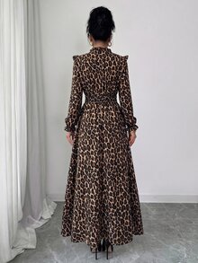 Elenzga 1pc Women Leopard Print Ruffle Tie Neck Long Sleeve Dress, Elegant For Autumn Maxi Women Outfit Fall Cloth For Women - Multicolor - View 2