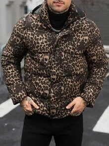 Manfinity CasualCool Men Leopard Print Zip Up Hooded Puffer Coat - Champagne - View 5