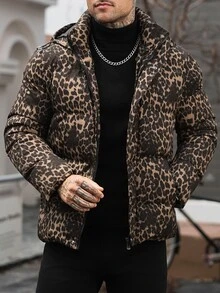 Manfinity CasualCool Men Leopard Print Zip Up Hooded Puffer Coat - Champagne - View 3