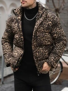 Manfinity CasualCool Men Leopard Print Zip Up Hooded Puffer Coat - Champagne - View 4