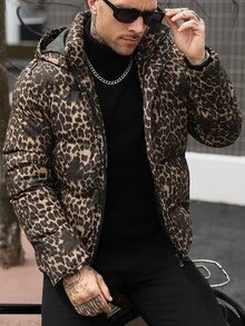 Manfinity CasualCool Men Leopard Print Zip Up Hooded Puffer Coat - Champagne - View 7