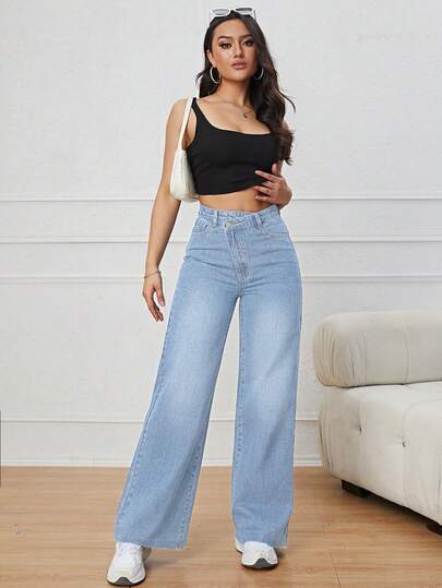 Flexra Outfit Cowgirl Wanita Plus Size Jeans Biru Non-Stretch Pinggang Asimetris Kaki Lurus Slim