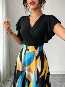 Elenzga 女款春夏優雅酒紅色葉片圖案設計百褶設計飄逸袖修身顯瘦喇叭長洋裝 - 彩色 - 查看 4