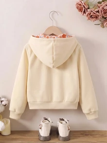 SHEIN Genkimix Kids 1件少女純色杏色極簡連帽夾克，花卉圖案裝飾，帽內花卉內裡，適合秋冬，適合學校、戶外活動、家庭聚會，保暖舒適 - 杏色 - 查看 2