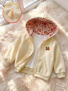 SHEIN Genkimix Kids 1件少女純色杏色極簡連帽夾克，花卉圖案裝飾，帽內花卉內裡，適合秋冬，適合學校、戶外活動、家庭聚會，保暖舒適 - 杏色 - 查看 4