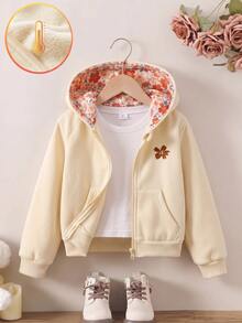 SHEIN Genkimix Kids 1件少女純色杏色極簡連帽夾克，花卉圖案裝飾，帽內花卉內裡，適合秋冬，適合學校、戶外活動、家庭聚會，保暖舒適 - 杏色 - 查看 3