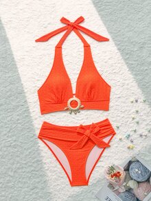 Swim Vcay Women Bikini Sets Backless Simpul Plain - Burnt Orange - View 6