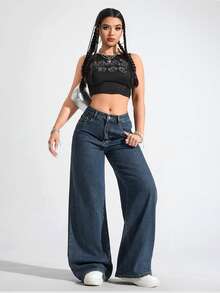 Jeanoix Cowgirl Outfit Y2K Plus Size Women's Blue Non-Stretch Loose Wide Leg Jeans - Dark Wash - View 6