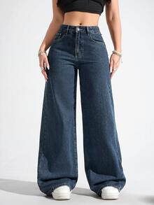 Jeanoix Cowgirl Outfit Y2K Plus Size Women's Blue Non-Stretch Loose Wide Leg Jeans - Dark Wash - View 5
