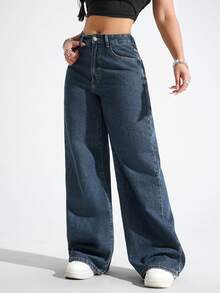 Jeanoix Cowgirl Outfit Y2K Plus Size Women's Blue Non-Stretch Loose Wide Leg Jeans - Dark Wash - View 3