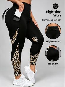 SHEIN Unity Women's Plus Size Leopard Print Patchwork Pocket Sports Leggings - Multicolor - View 6