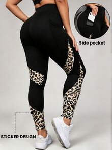 SHEIN Unity Women's Plus Size Leopard Print Patchwork Pocket Sports Leggings - Multicolor - View 2
